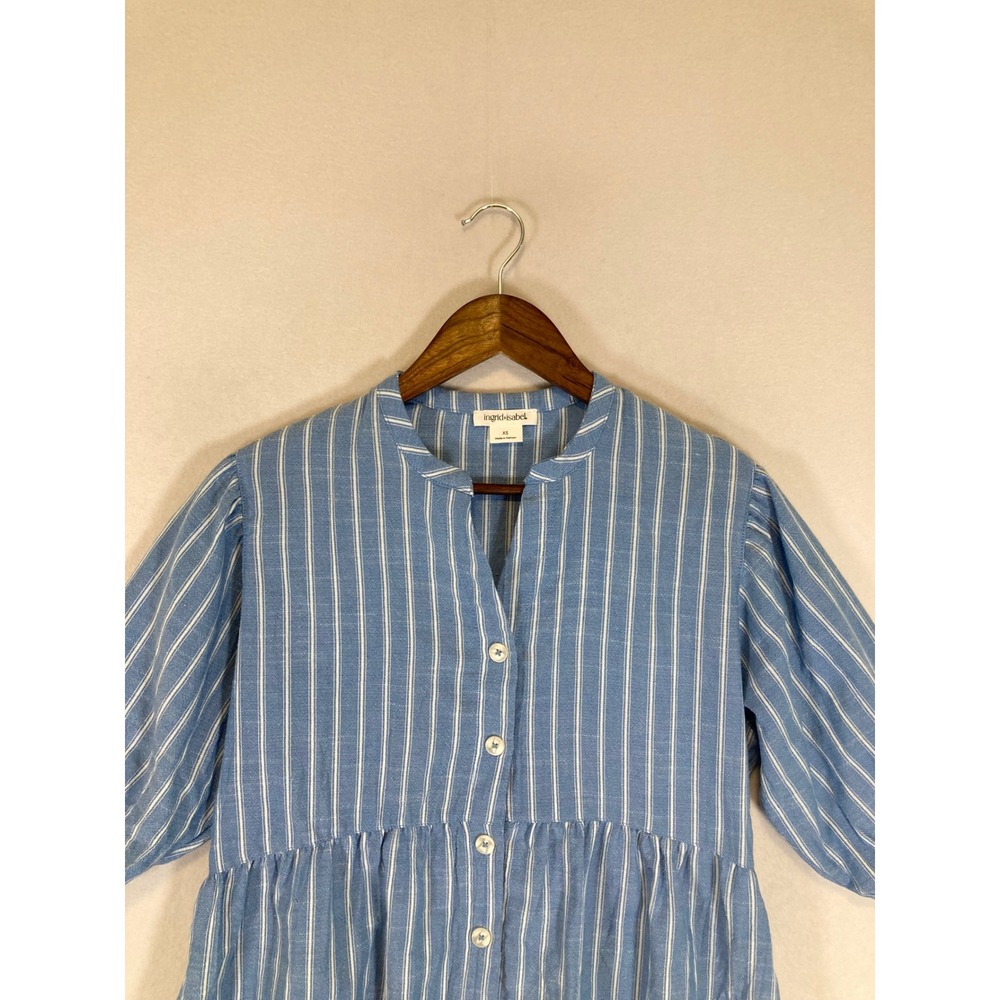 Coastal Ingrid & Isabel Women XS Blue Striped Puff Sleeve Peplum Button Top - Picture 7 of 10